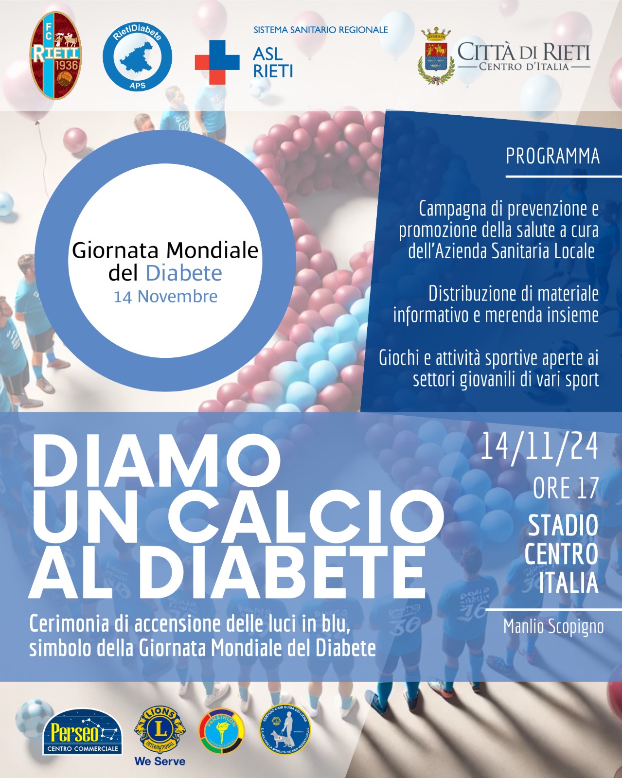 ‘Diamo un Calcio al Diabete’. Il 14 novembre allo ‘Scopigno’ si celebra la giornata Mondiale